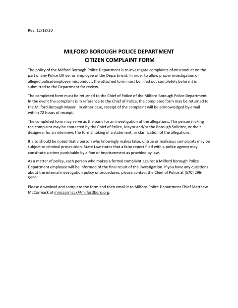 First page of the Citizen Complaint Form