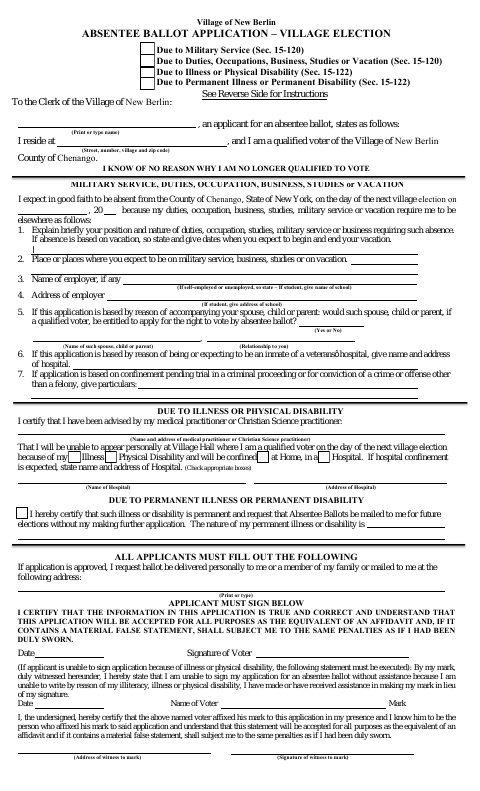 First page of the Absentee Ballot Application – Village Election