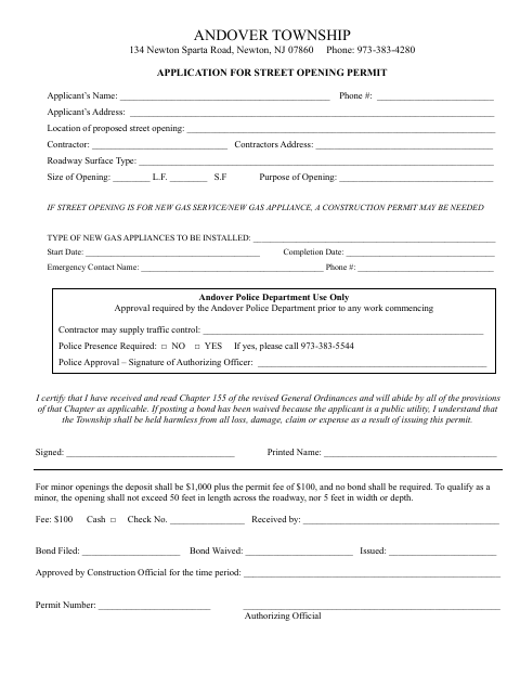First page of the Street Opening Permit Application