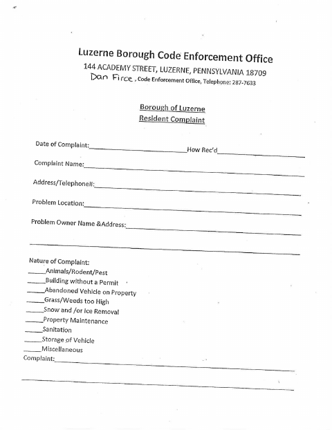 First page of the Residents Formal Complaint Form