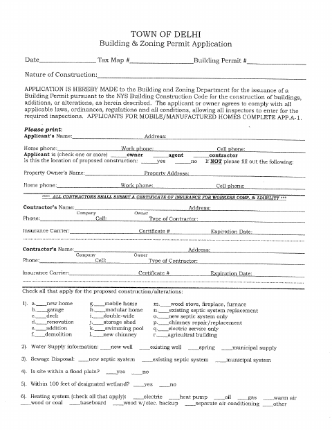 First page of the Building and Zoning Permit Application