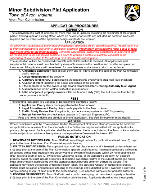 First page of the Minor Subdivision Plat Application