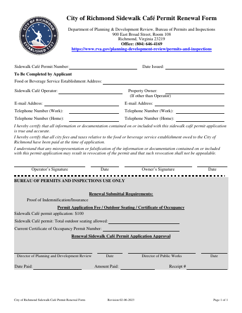 First page of the Sidewalk Café Permit Renewal Form