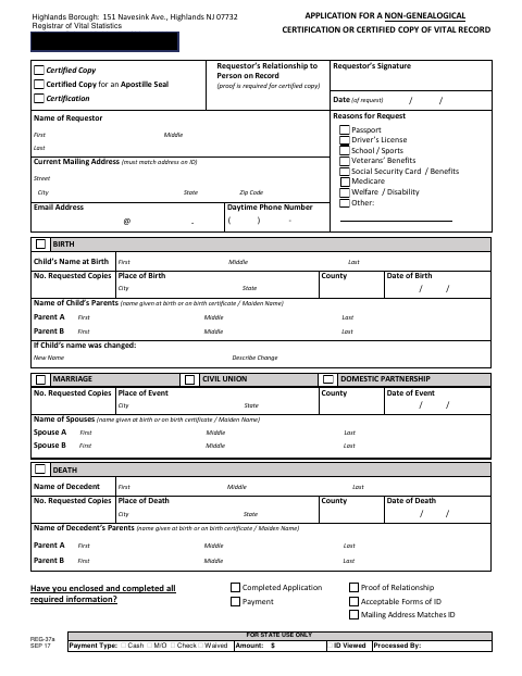 First page of the Application for a Non-Genealogical Certification or Certified Copy of a Vital Record