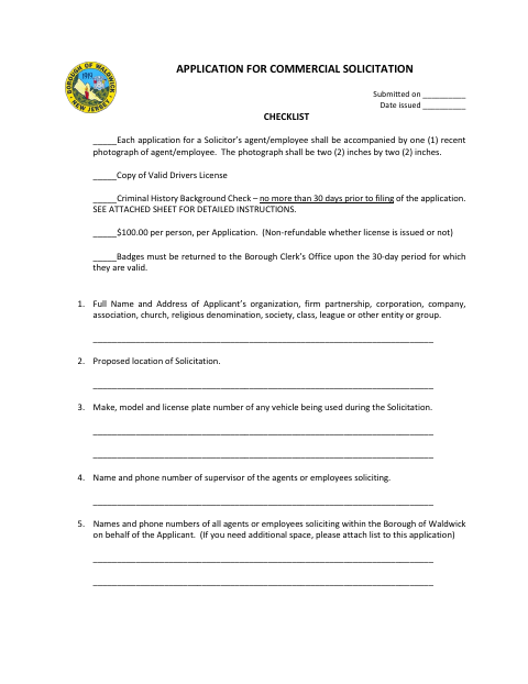 First page of the Application for Commercial Solicitation