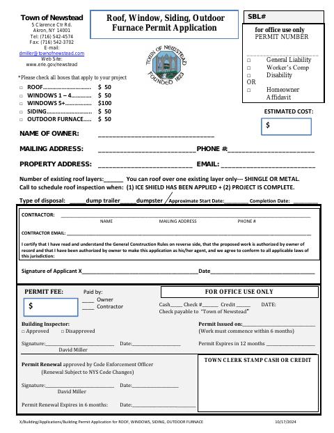First page of the Roof, Windows, Siding, Outdoor Furnace Permit Application
