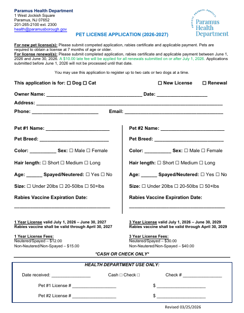 First page of the Pet License Application