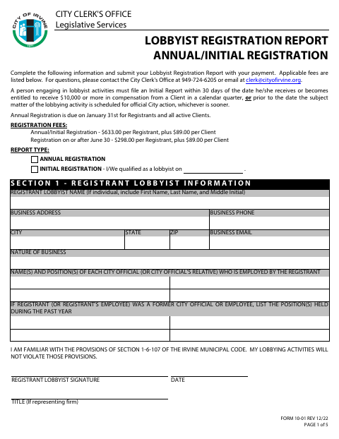 First page of the Lobbyist Registration Report Annual/Initial Registration