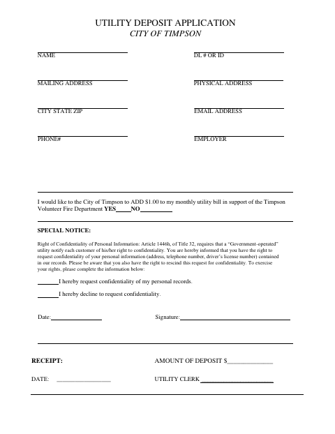 First page of the Utility Deposit Application
