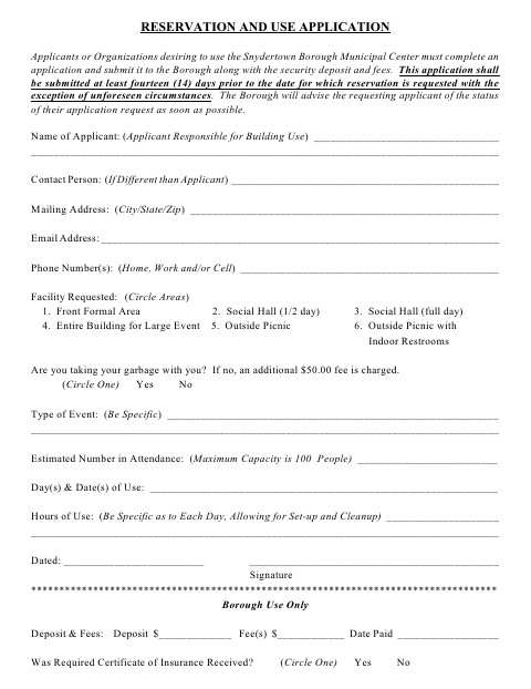 First page of the Reservation and Use Application