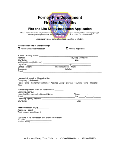 First page of the Fire and Life Safety Inspection Application