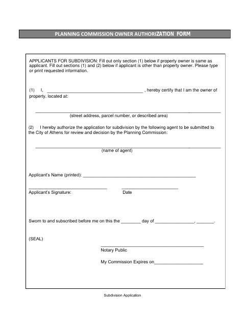 First page of the Subdivision Owner Authorization Form