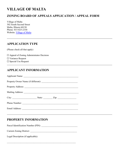 First page of the Zoning Board of Appeals Application / Appeal Form