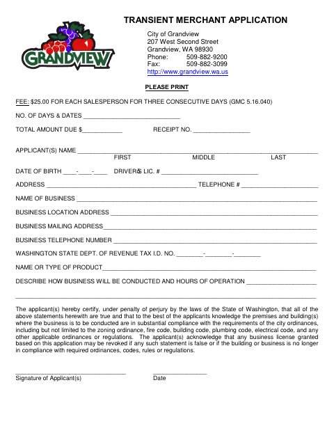 First page of the Transient Merchant Application