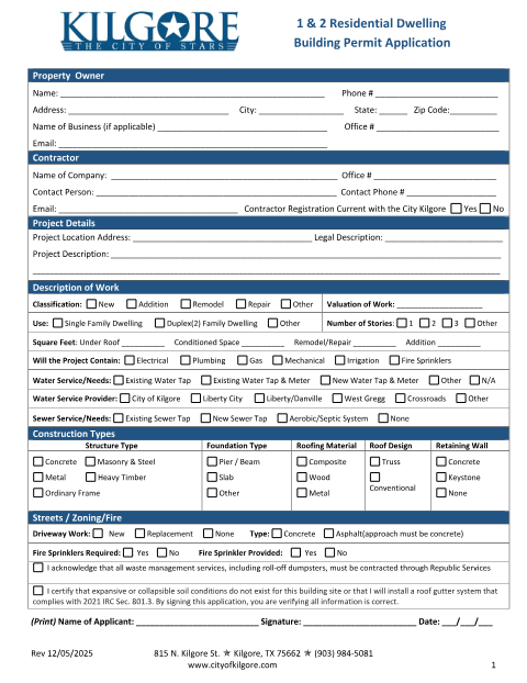 First page of the Residential Building Permit Application