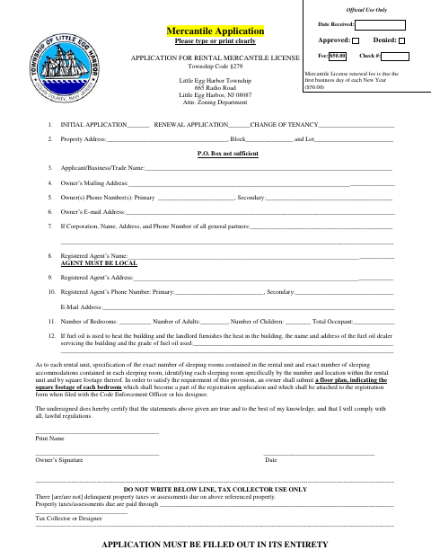 First page of the Rental Mercantile License Application