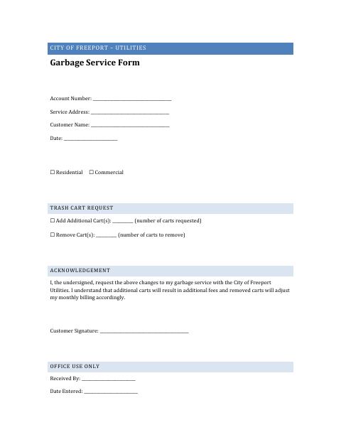 First page of the Garbage Service Form