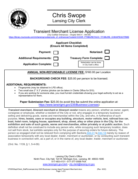 First page of the Transient Merchant License Application