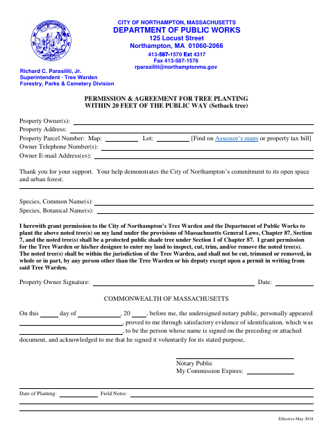 First page of the Permission and Agreement for Tree Planting Within 20 Feet of the Public Way