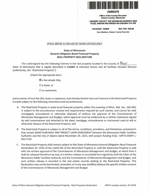 First page of the General Obligation Bond Financed Property Real Property Declaration