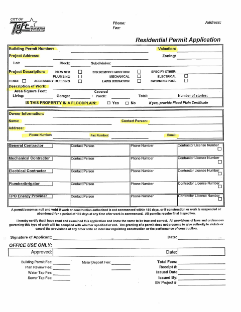 First page of the Residential Building Permit Application