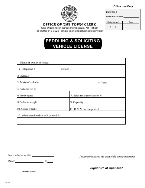 First page of the Peddling and Soliciting Vehicle License