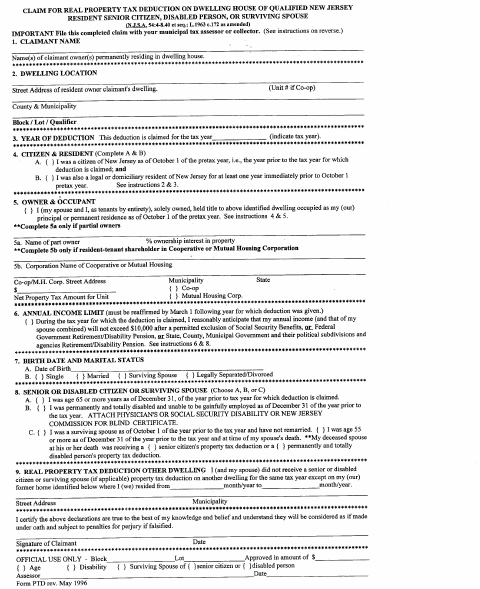 First page of the Senior or Disabled Person Property Tax Deduction Claim