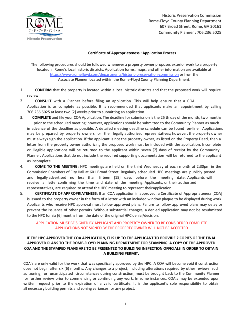 First page of the Certificate of Appropriateness Application