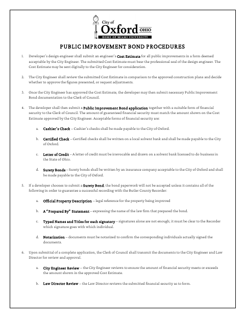First page of the Public Improvement Bond Procedures & Application