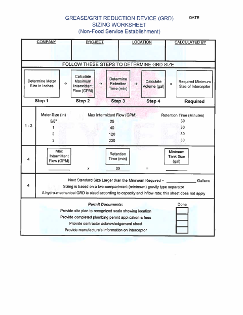 First page of the Grease/Grit Reduction Device Sizing Worksheet