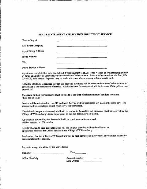 First page of the Real Estate Agent Temporary Utility Service Application