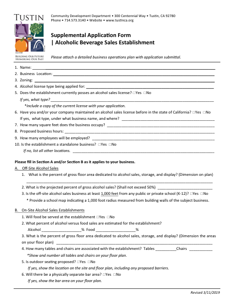 First page of the Supplemental Application – Alcoholic Beverage Sales Establishment