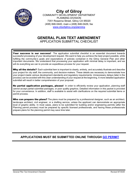 First page of the General Plan Text Amendment Checklist
