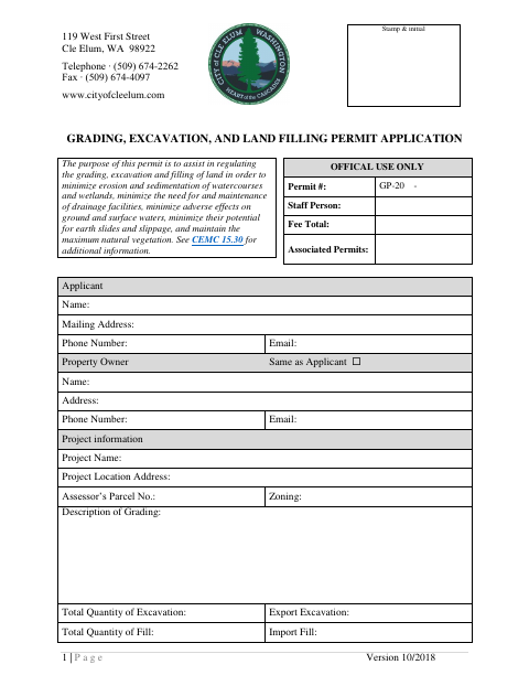 First page of the Grading, Excavation, and Land Filling Permit Application