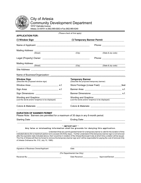 First page of the Window Sign and Temporary Banner Permit Application