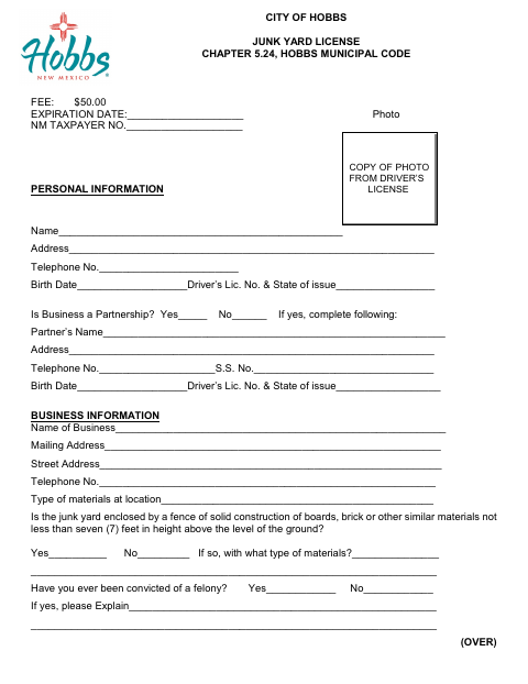 First page of the Junk Yard License Application