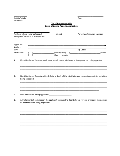 First page of the Zoning Board of Appeals Application