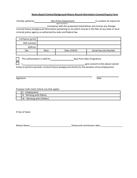 First page of the Name-Based Criminal Background History Record Information Consent Form