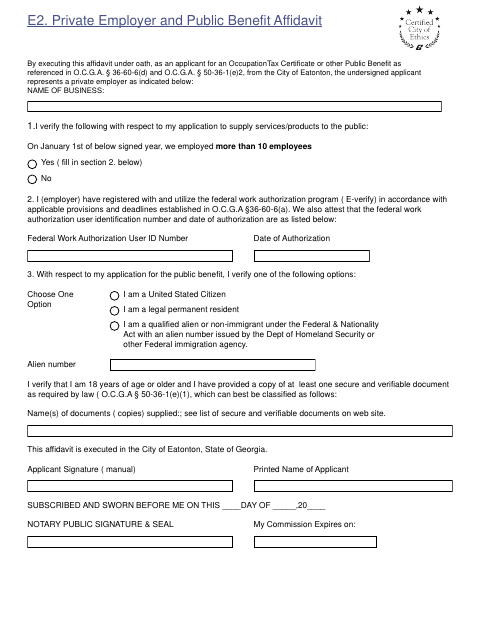 First page of the Private Employer and Public Benefit Affidavit