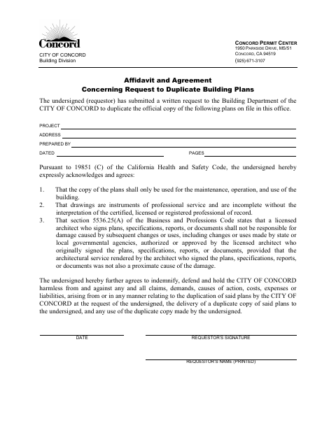 First page of the Affidavit and Agreement Concerning Request to Duplicate Building Plans