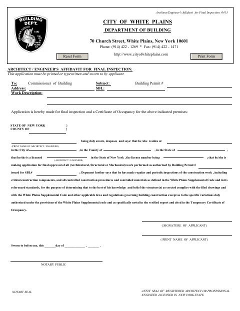 First page of the Architect/Engineer's Affidavit for Final Inspection