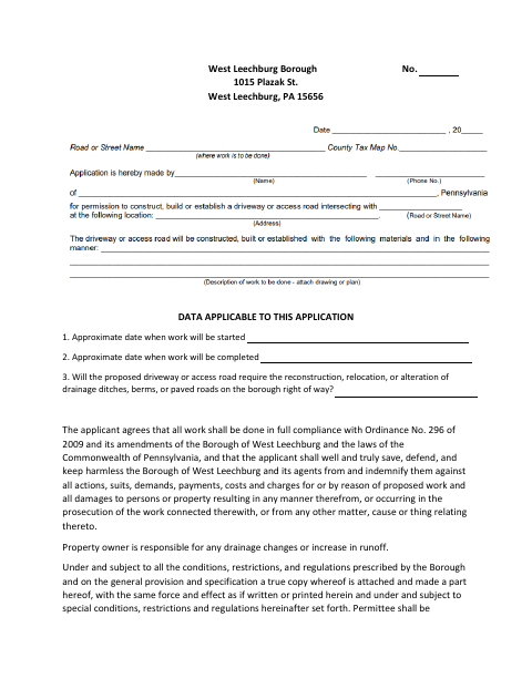 First page of the Driveway Permit Application