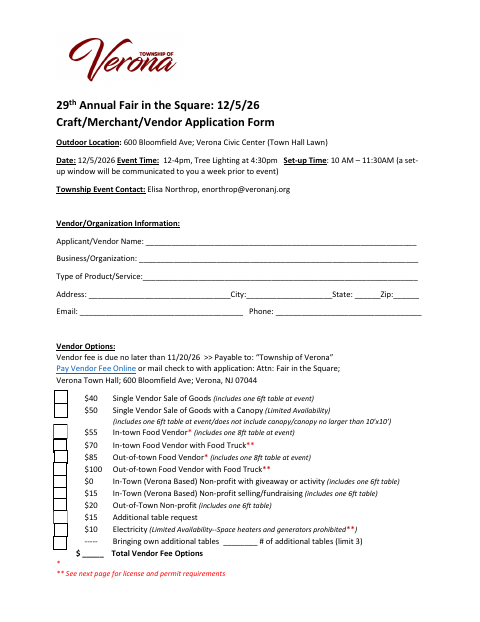 First page of the Fair in the Square Vendor Application
