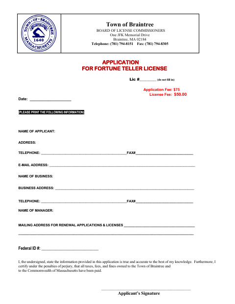 First page of the Fortune Teller License Application Kit
