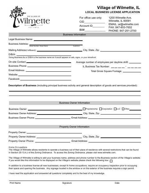 First page of the Local Business License Application