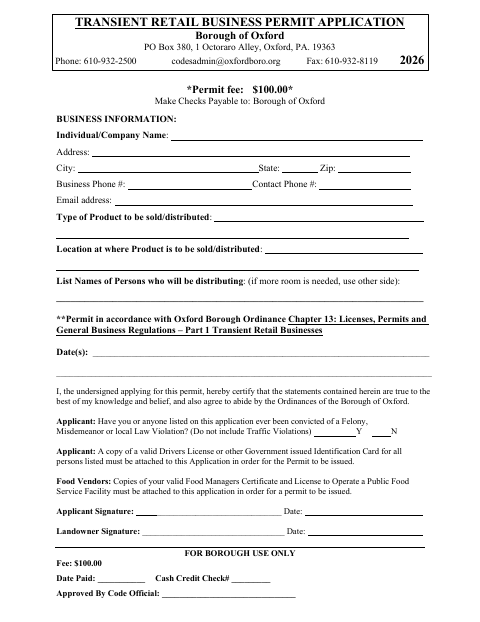 First page of the Transient Retail Business Permit Application