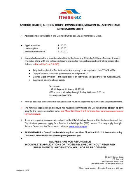 First page of the Antique Dealer, Auction House, Pawnbroker, Scrap Metal, and Secondhand License Application