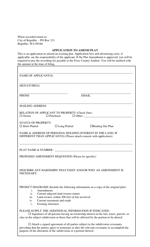 First page of the Application to Amend Plat