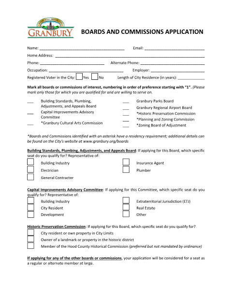 First page of the Application for City Boards and Commissions