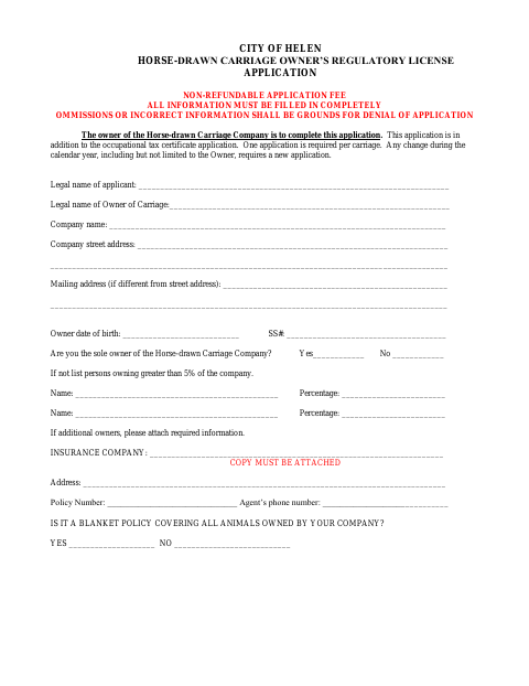 First page of the Horse-Drawn Carriage Owner's Regulatory License Application